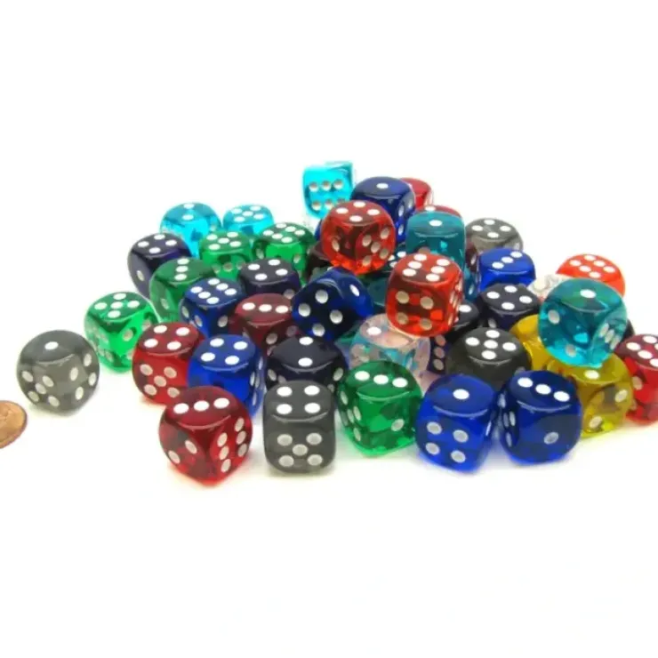 Dice>Bag of 50 Assorted Loose Translucent 16mm D6 Dice - Your Source for Gaming Essentials