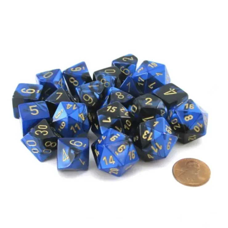 Dice>Bag of 20 Gemini Polyhedral Dice - Black-Blue with Gold Numbers - Your Source for Gaming Essentials