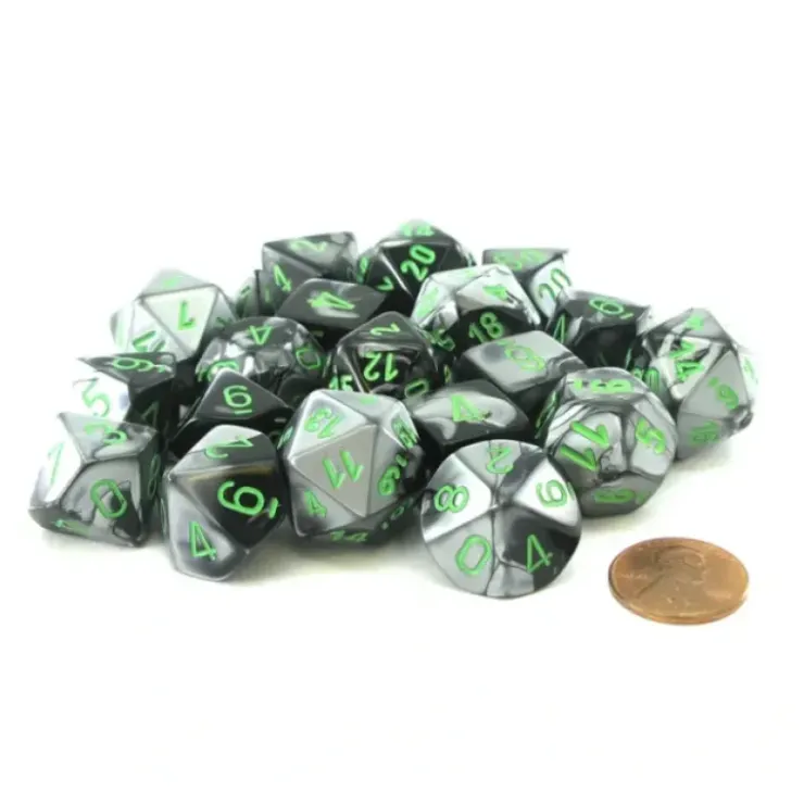 Dice>Bag of 20 Gemini Polyhedral Dice - Black-Grey with Green Numbers - Your Source for Gaming Essentials