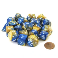 Dice>Bag of 20 Gemini Polyhedral Dice - Blue-Gold with White Numbers - Your Source for Gaming Essentials