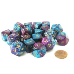 Dice>Bag of 20 Gemini Polyhedral Dice - Purple-Teal with Gold Numbers - Your Source for Gaming Essentials