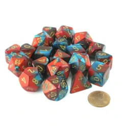 Dice>Bag of 20 Gemini Polyhedral Dice - Red-Teal with Gold Numbers - Your Source for Gaming Essentials