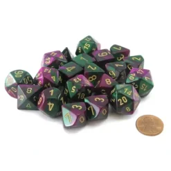 Dice>Bag of 20 Gemini Polyhedral Dice - Green-Purple with Gold Numbers - Your Source for Gaming Essentials