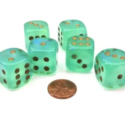 Dice>Borealis 20mm Big D6 Chessex Dice, 6 Pieces - Light Green with Gold Pips - Your Source for Gaming Essentials