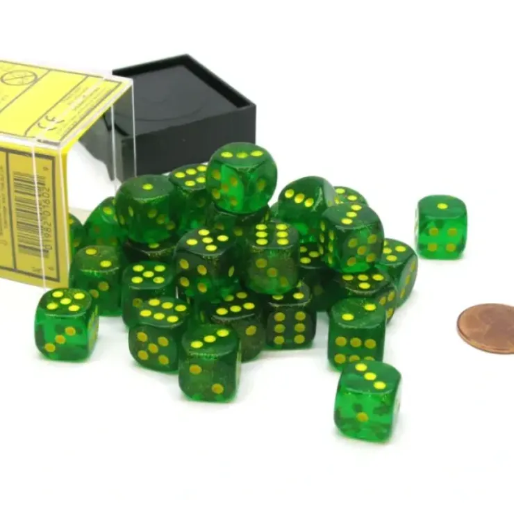 Dice>Borealis 12mm D6 Chessex Dice Block (36 Dice) - Maple Green with Yellow Pips - Your Source for Gaming Essentials