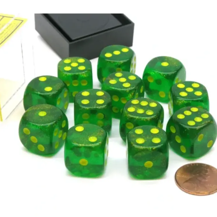 Dice>Borealis 16mm D6 Chessex Dice Block (12 Die) - Maple Green with Yellow Pips - Your Source for Gaming Essentials