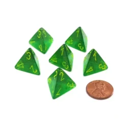 Dice>Borealis 18mm D4 Chessex Dice, 6 Pieces - Maple Green with Yellow Numbers - Your Source for Gaming Essentials