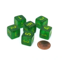 Dice>Borealis 15mm D6 Numbered Chessex Dice, 6 Pieces - Maple Green with Yellow - Your Source for Gaming Essentials