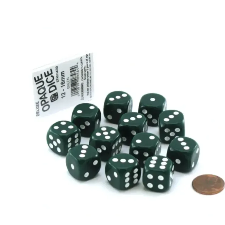 Dice>Case of 12 Deluxe Opaque 16mm Round Edge Dice - Green with White Pips - Your Source for Gaming Essentials