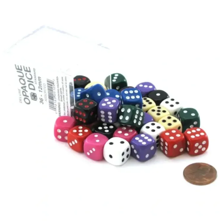 Dice>Case of 36 Deluxe Opaque Small 12mm Round Edge Dice - Assorted Colors - Your Source for Gaming Essentials