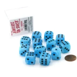 Dice>Case of 12 Deluxe Swirl 16mm Round Edge Dice - Ice Blue with Black Pips - Your Source for Gaming Essentials