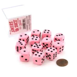 Dice>Case of 12 Deluxe Swirl 16mm Round Edge Dice - Pink with Black Pips - Your Source for Gaming Essentials