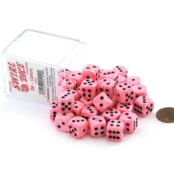 Dice>Case of 36 Deluxe Swirl Small 12mm Round Edge Dice - Pink with Black Pips - Your Source for Gaming Essentials