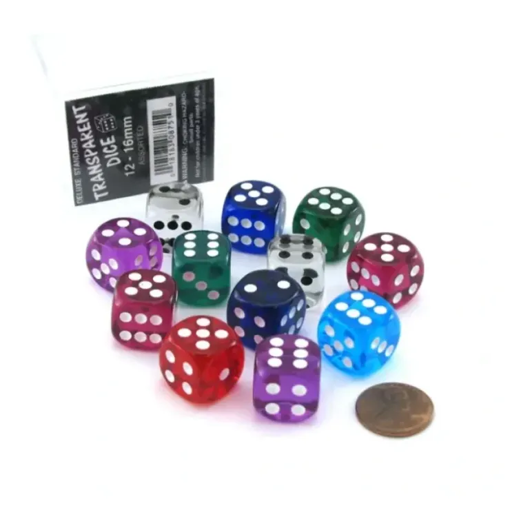 Dice>Case of 12 Deluxe Transparent 16mm Round Edge Dice - Assorted Colors - Your Source for Gaming Essentials
