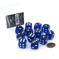 Dice>Case of 12 Deluxe Transparent 16mm Round Edge Dice - Blue with White Pips - Your Source for Gaming Essentials