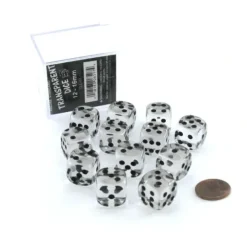 Dice>Case of 12 Deluxe Transparent 16mm Round Edge Dice - Clear with Black Pips - Your Source for Gaming Essentials