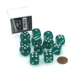 Dice>Case of 12 Deluxe Transparent 16mm Round Edge Dice - Green with White Pips - Your Source for Gaming Essentials