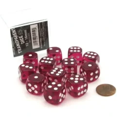 Dice>Case of 12 Deluxe Transparent 16mm Round Edge Dice - Magenta with White Pips - Your Source for Gaming Essentials