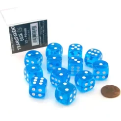 Dice>Case of 12 Deluxe Transparent 16mm Round Edge Dice - Turquoise with White Pips - Your Source for Gaming Essentials