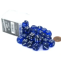 Dice>Case of 36 Deluxe Transparent Small 12mm Round Edge Dice - Blue with White Pips - Your Source for Gaming Essentials