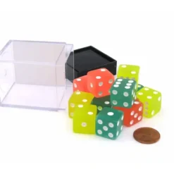 Dice>Case with 12 16mm Glow in the Dark Dice - 4 Each of Lemon Lime and Peach Colors - Your Source for Gaming Essentials