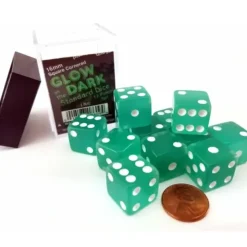 Dice>Case with 12 16mm Glow in the Dark Dice - Lime Color with White Pips - Your Source for Gaming Essentials