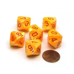 Dice>Festive 16mm D10 (0-9) Chessex Dice, 6 Pieces - Sunburst with Red Numbers - Your Source for Gaming Essentials