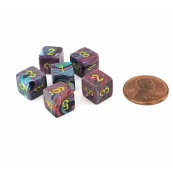 Dice>Festive 9mm Mini 6 Sided D6 Dice, 6 Pieces - Mosaic with Yellow Numbers - Your Source for Gaming Essentials