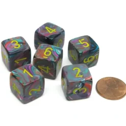Dice>Festive 15mm 6 Sided D6 Chessex Dice, 6 Pieces - Mosaic with Yellow Numbers - Your Source for Gaming Essentials