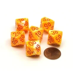 Dice>Festive 16mm Tens D10 (00-90) Chessex Dice, 6 Pieces - Sunburst with Red Numbers - Your Source for Gaming Essentials