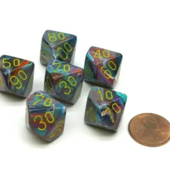 Dice>Festive 16mm Tens D10 (00-90) Dice, 6 Pieces - Mosaic with Yellow Numbers - Your Source for Gaming Essentials