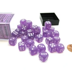 Dice>Frosted 12mm D6 Chessex Dice Block (36 Die) - Purple with White Pips - Your Source for Gaming Essentials