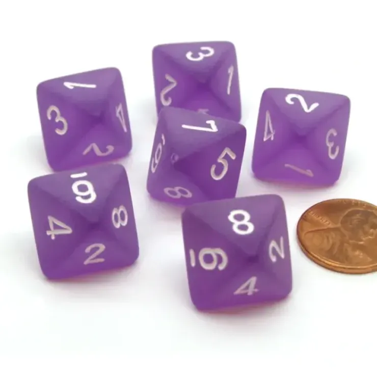 Dice>Frosted 15mm 8 Sided D8 Chessex Dice, 6 Pieces - Purple with White - Your Source for Gaming Essentials