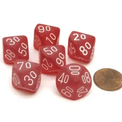 Dice>Frosted 16mm Tens D10 (00-90) Chessex Dice, 6 Pieces - Red with White Numbers - Your Source for Gaming Essentials