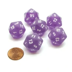 Dice>Frosted 20 Sided D20 Chessex Dice, 6 Pieces - Purple with White Numbers - Your Source for Gaming Essentials