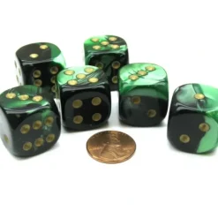 Dice>Gemini 20mm Big D6 Chessex Dice, 6 Pieces - Black-Green with Gold Pips - Your Source for Gaming Essentials