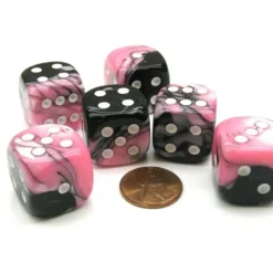 Dice>Gemini 20mm Big D6 Chessex Dice, 6 Pieces - Black-Pink with White Pips - Your Source for Gaming Essentials