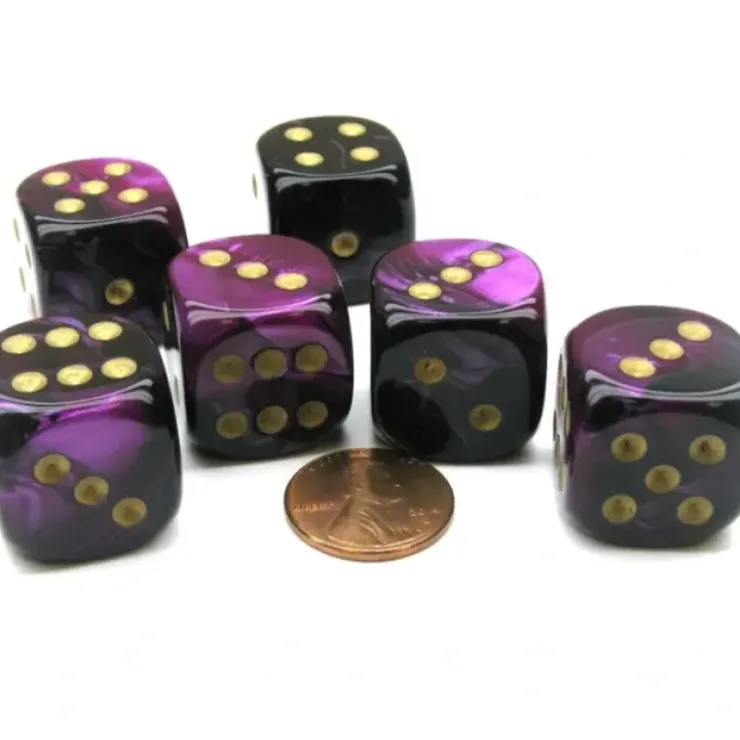 Dice>Gemini 20mm Big D6 Chessex Dice, 6 Pieces - Black-Purple with Gold Pips - Your Source for Gaming Essentials