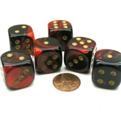 Dice>Gemini 20mm Big D6 Chessex Dice, 6 Pieces - Black-Red with Gold Pips - Your Source for Gaming Essentials