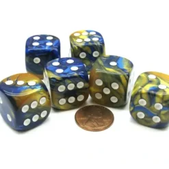 Dice>Gemini 20mm Big D6 Chessex Dice, 6 Pieces - Blue-Gold with White Pips - Your Source for Gaming Essentials