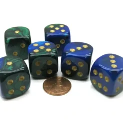 Dice>Gemini 20mm Big D6 Chessex Dice, 6 Pieces - Blue-Green with Gold Pips - Your Source for Gaming Essentials