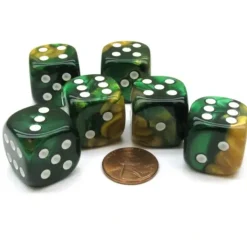 Dice>Gemini 20mm Big D6 Chessex Dice, 6 Pieces - Gold-Green with White Pips - Your Source for Gaming Essentials