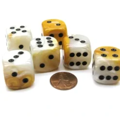 Dice>Gemini 20mm Big D6 Chessex Dice, 6 Pieces - Gold-White with Black Pips - Your Source for Gaming Essentials