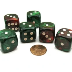 Dice>Gemini 20mm Big D6 Chessex Dice, 6 Pieces - Green-Red with White Pips - Your Source for Gaming Essentials