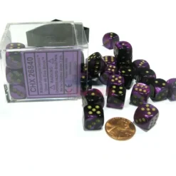 Dice>Gemini 12mm D6 Chessex Dice Block (36 Dice) - Black-Purple with Gold Pips - Your Source for Gaming Essentials