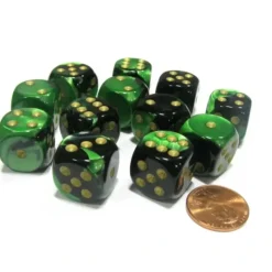 Dice>Gemini 16mm D6 Chessex Dice Block (12 Dice) - Black-Green with Gold Pips - Your Source for Gaming Essentials