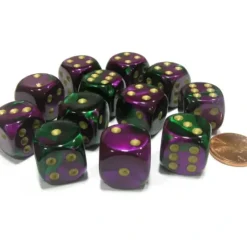 Dice>Gemini 16mm D6 Chessex Dice Block (12 Dice) - Green-Purple with Gold Pips - Your Source for Gaming Essentials