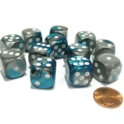 Dice>Gemini 16mm D6 Chessex Dice Block (12 Dice) - Steel-Teal with White Pips - Your Source for Gaming Essentials