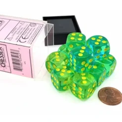 Dice>Gemini 16mm D6 Dice Block (12 Dice) - Translucent Green-Teal with Yellow Numbers - Your Source for Gaming Essentials
