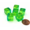 Dice>Gemini 15mm D6 Dice, 6 Pieces - Translucent Green-Teal with Yellow Numbers - Your Source for Gaming Essentials